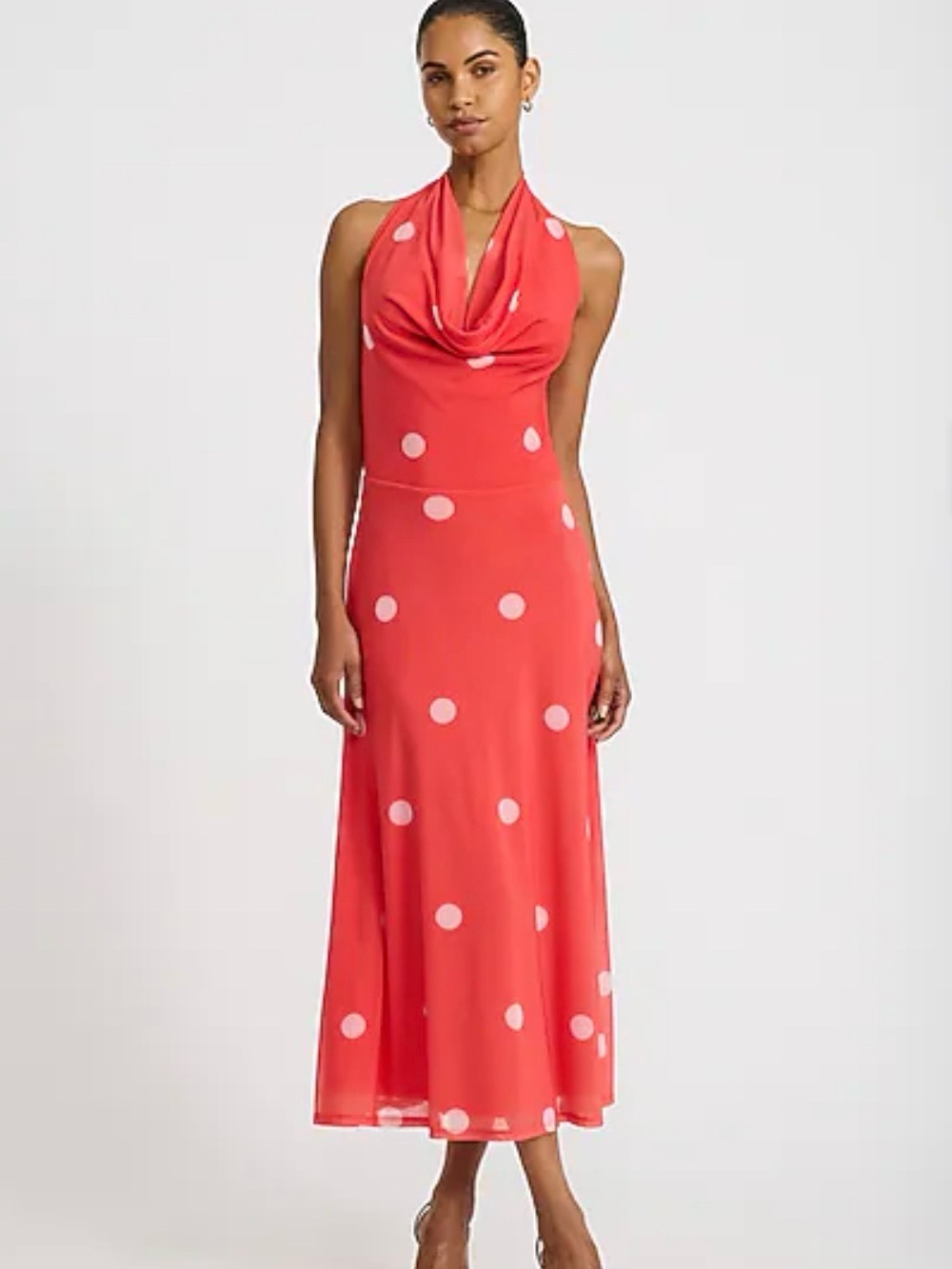 Mesh Polka Dot Halter Cowl Neck Maxi Dress